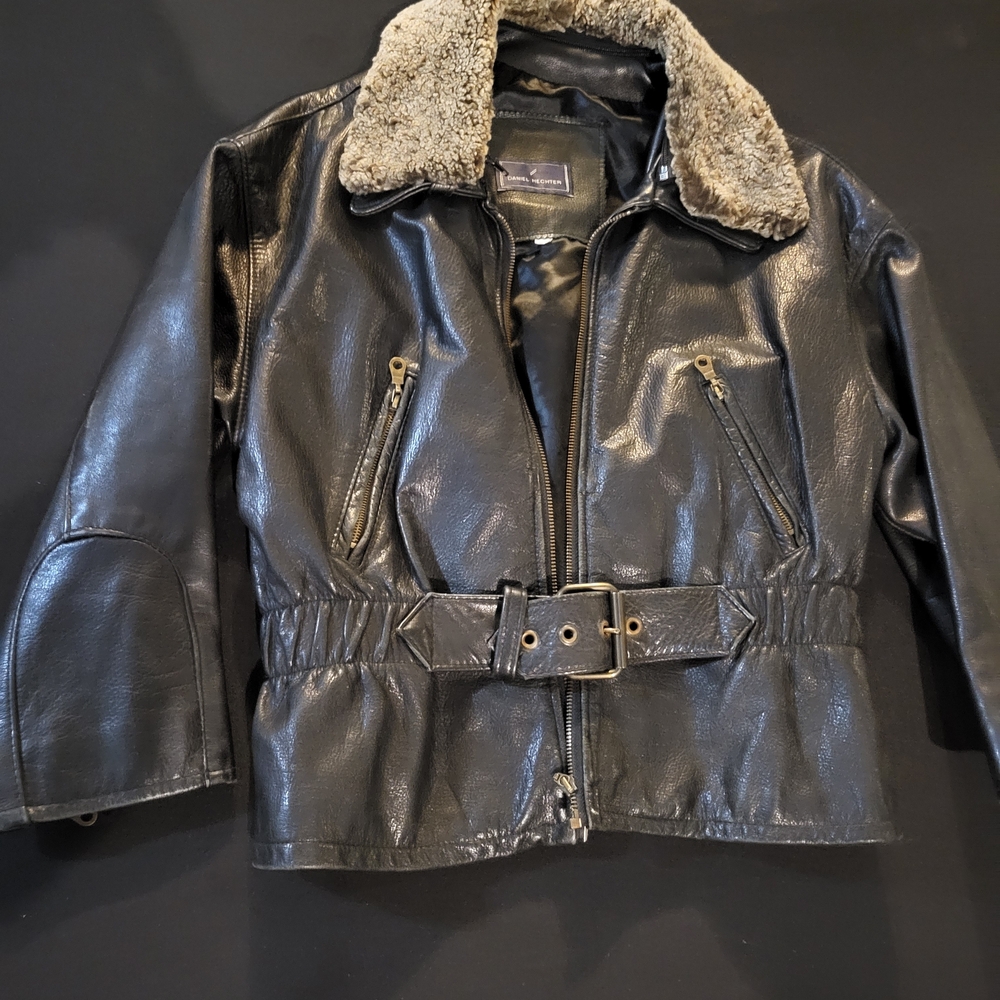 Vintage Daniel Hechter Black Leather Jacket with Faux Fur Collar - Medium